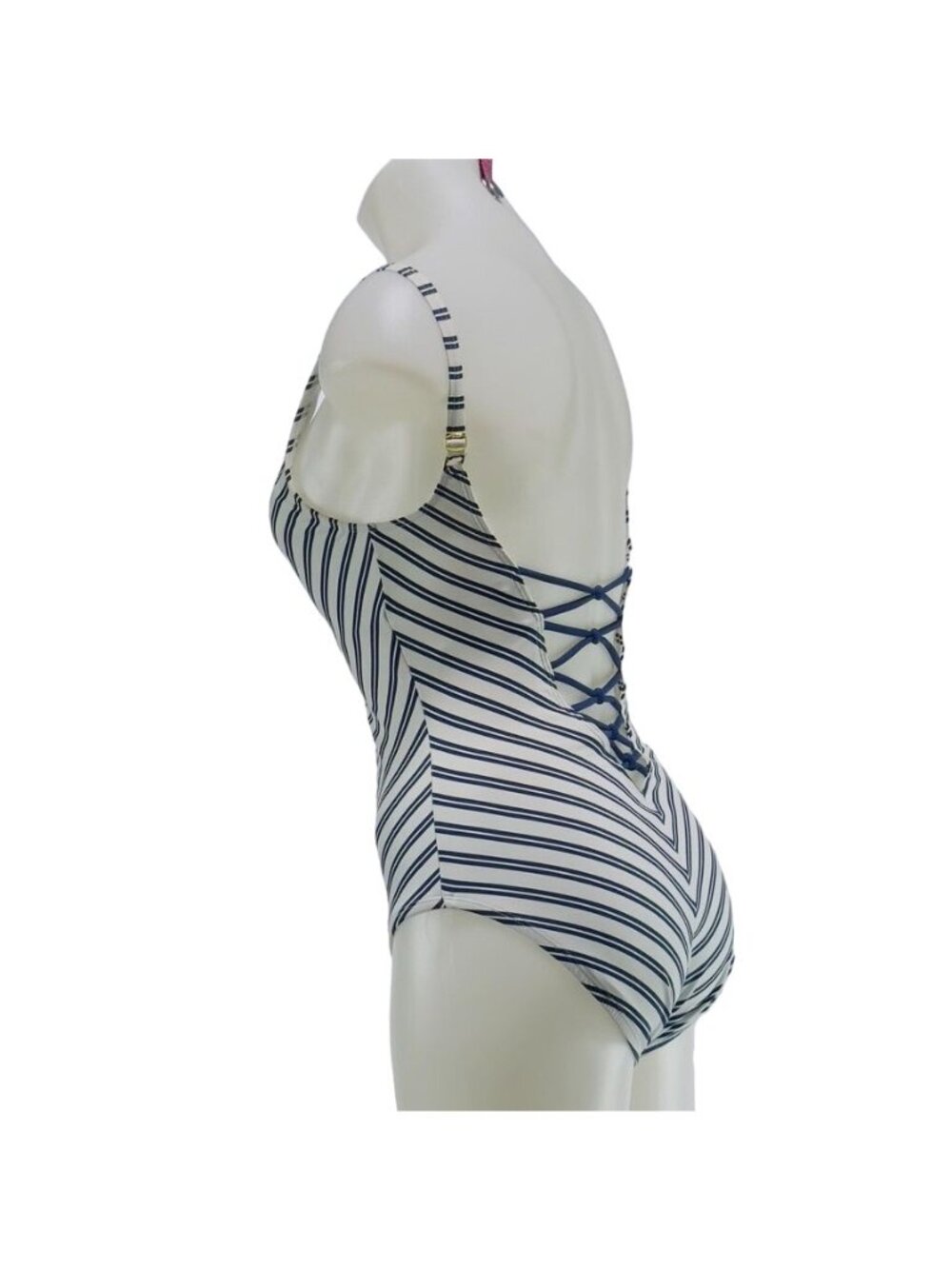 BLEU ROD BEATTIE Women's Swimsuit 1 Pc Striped Open Back Lace Up Size 4 - Picture 3 of 10